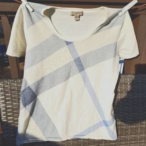 Burberry Brit Plaid 100% Wool S/S Scoop Neck Sweater Cream Blue Womens Sz Large